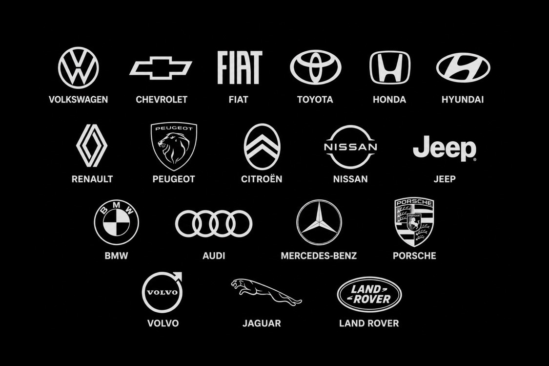 Marcas atendidas: Volkswagen, Chevrolet, Fiat, Toyota, Honda, Hyundai, Renault, Peugeot, Citroën, Nissan, Jeep, BMW, Audi, Mercedes-Benz, Porsche, Volvo, Jaguar e Land Rover